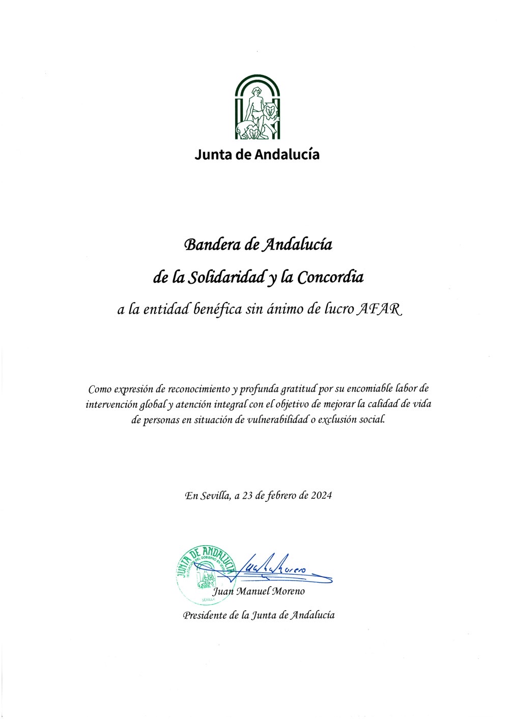 Bandera de Andalucía de la Solidaridad y la Concordia 2024